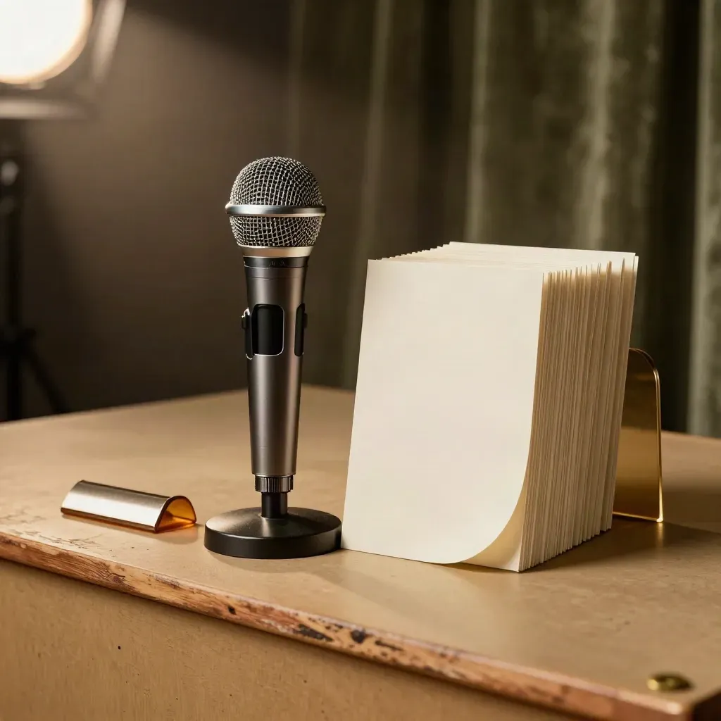 Microphone and cue cards on a backstage platform with stage light and haze.