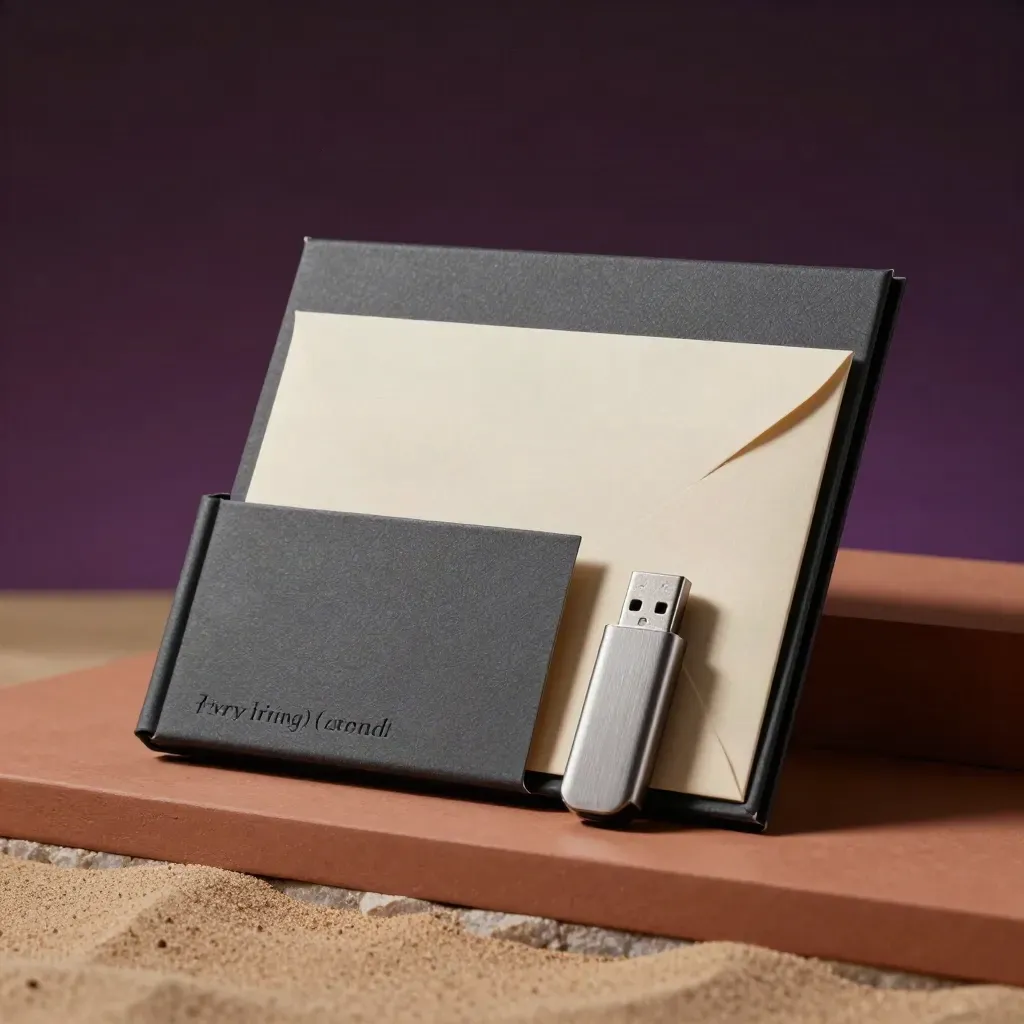 Charcoal media kit box with booklet, sealed envelope, and USB drive on terracotta stone.
