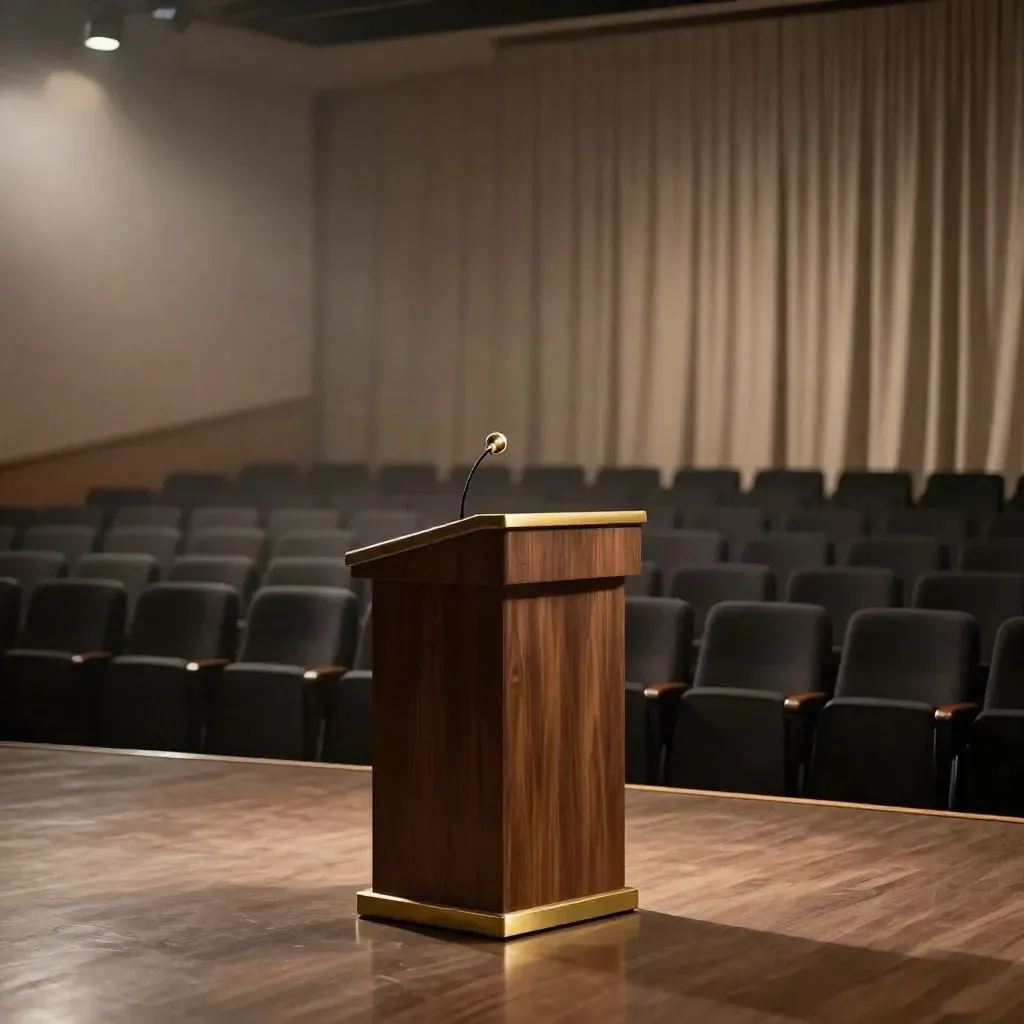 Empty keynote stage with podium, microphone, and hazy rows of seats in dramatic light.