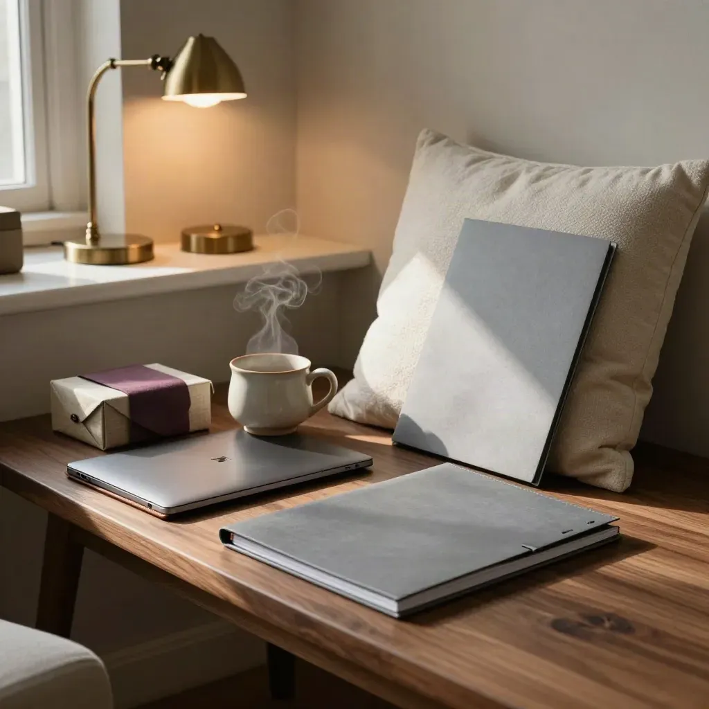 Welcome nook with laptop, tea, bio folder, and archive box in warm late-day light.