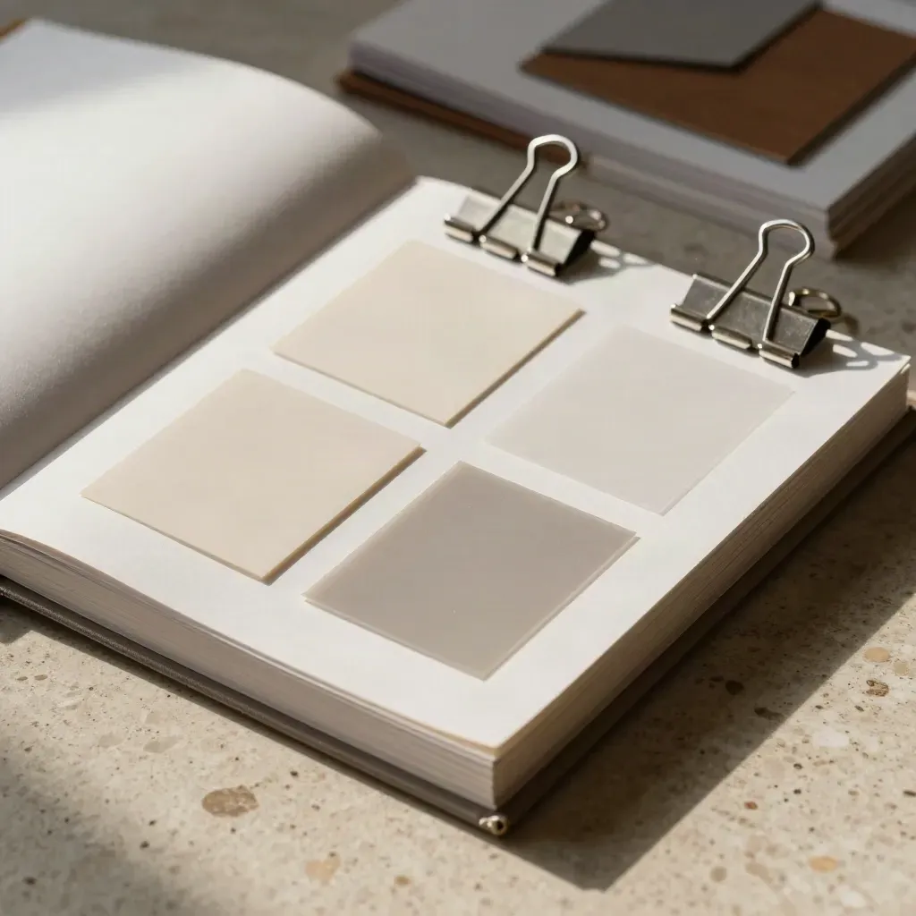 Overhead portfolio spread with swatches, archival clips, and a linen-bound case-study book.