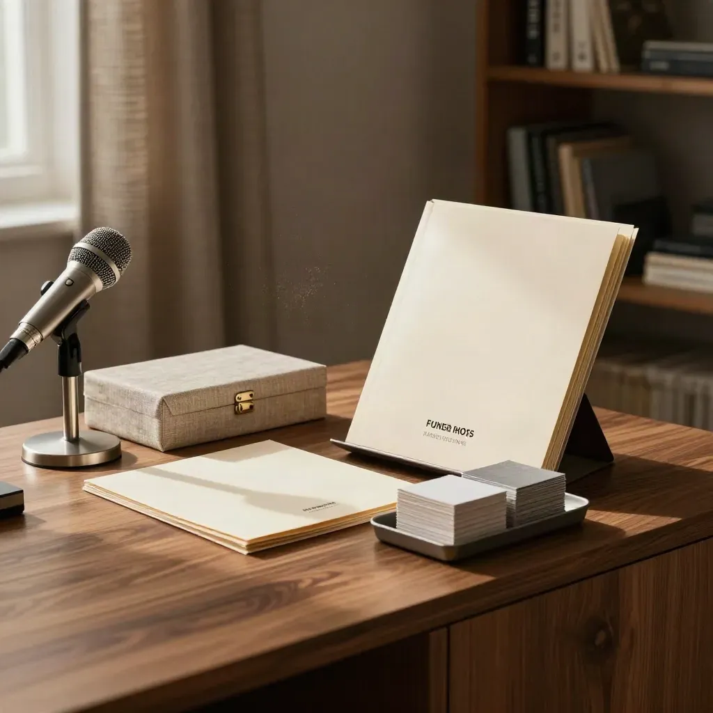 Media kit with microphone, press folder box, sponsor mailer and card sleeves on a walnut sideboard