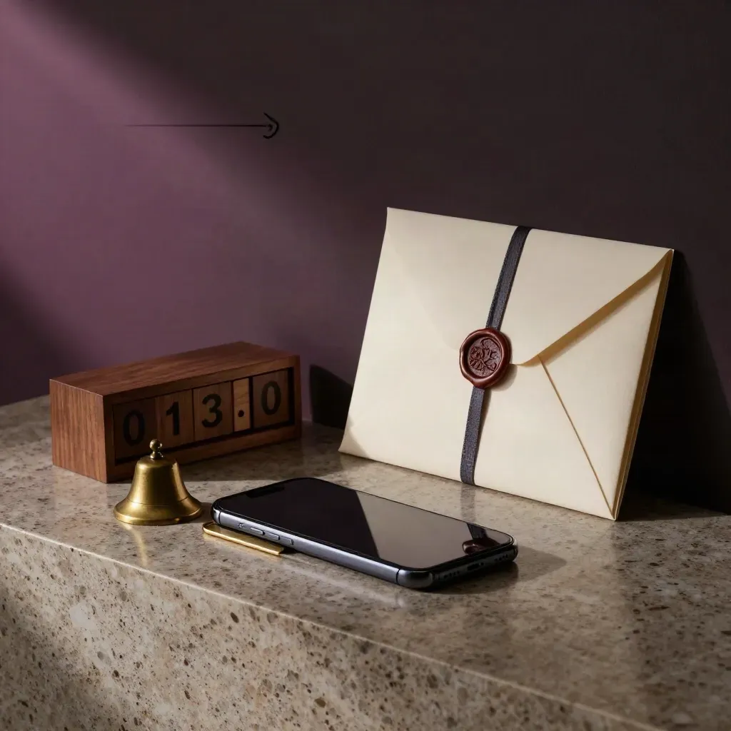 Booking setup with phone, brass bell, calendar cubes, and invitation envelopes on a dark console.