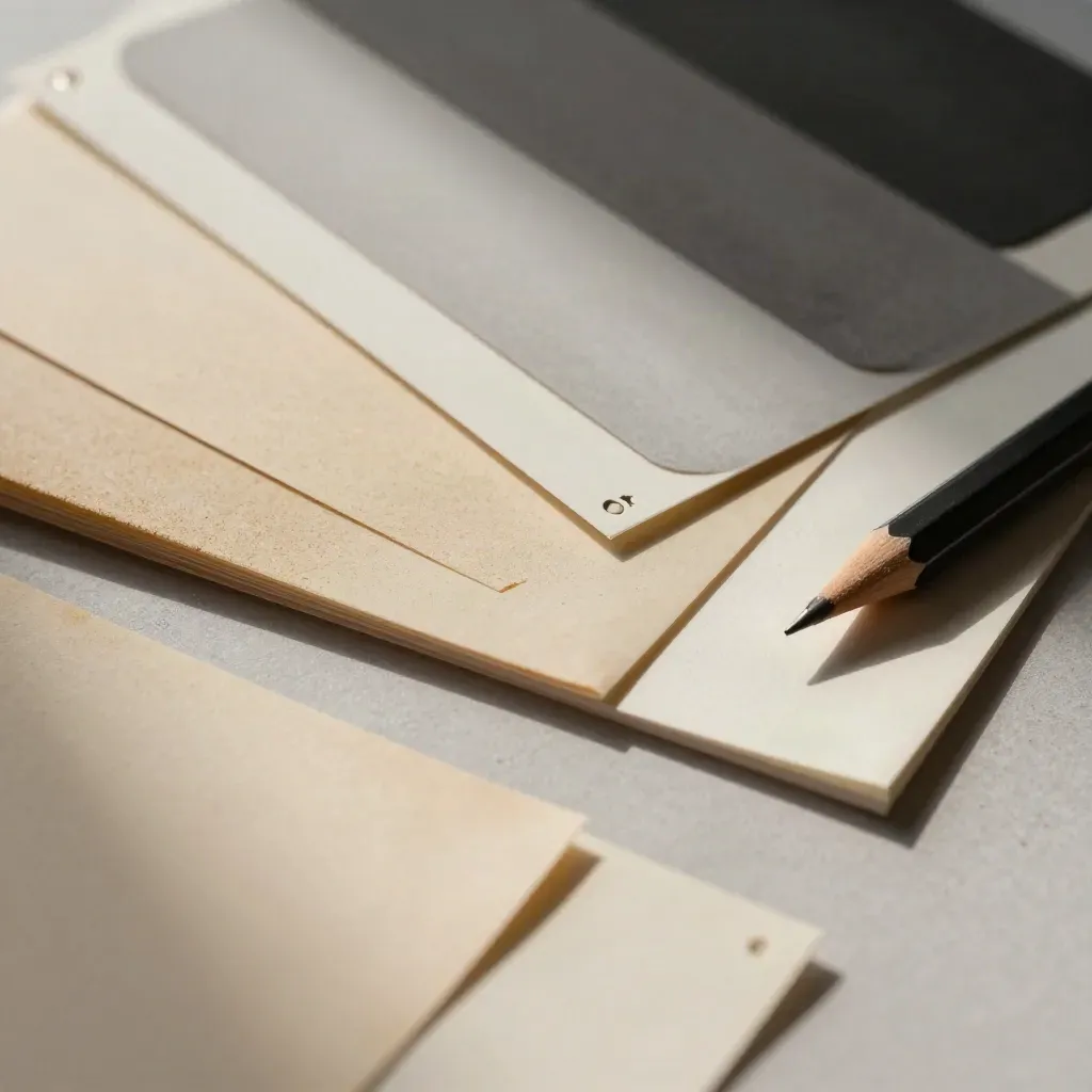 Top-down macro of editorial swatches, clips, pencil and layout corners on an ivory proof board.