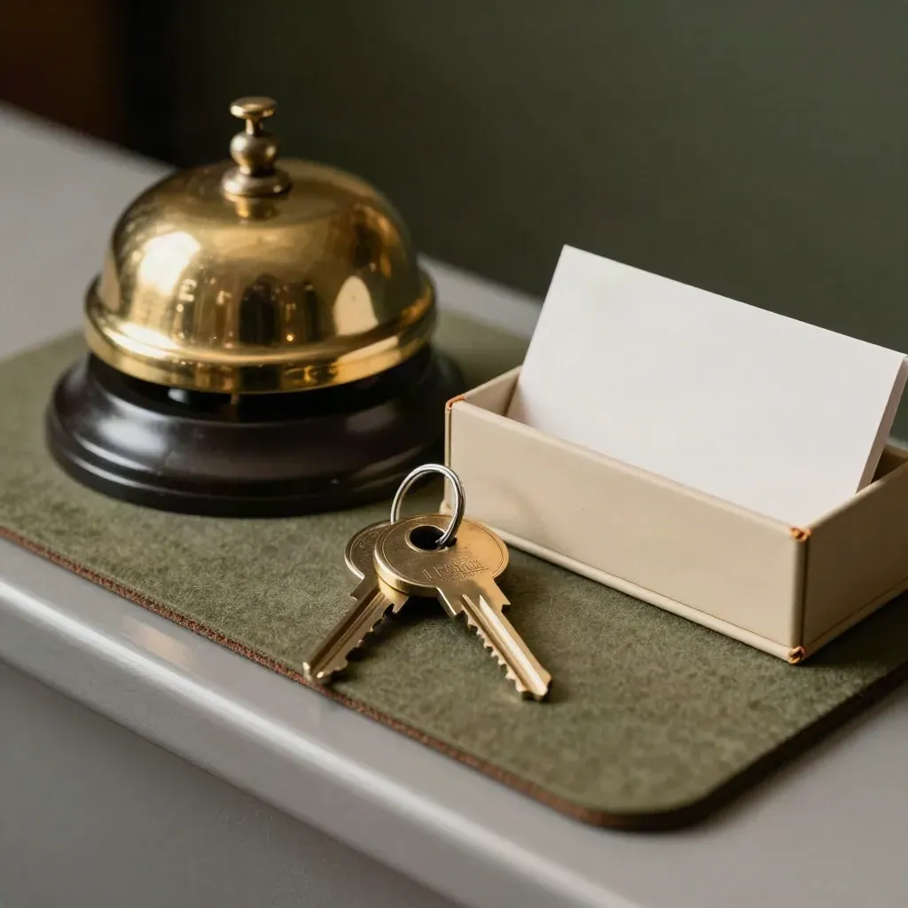 Brass bell, key ring, clock, and appointment card box in a tight macro booking still life.