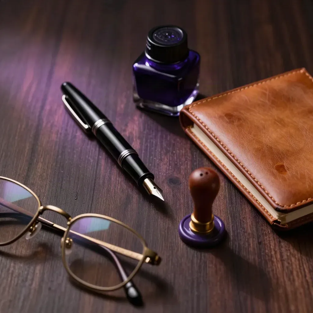Fountain pen, ink, wax seal, notebook, and brass glasses on dark walnut in dramatic light.