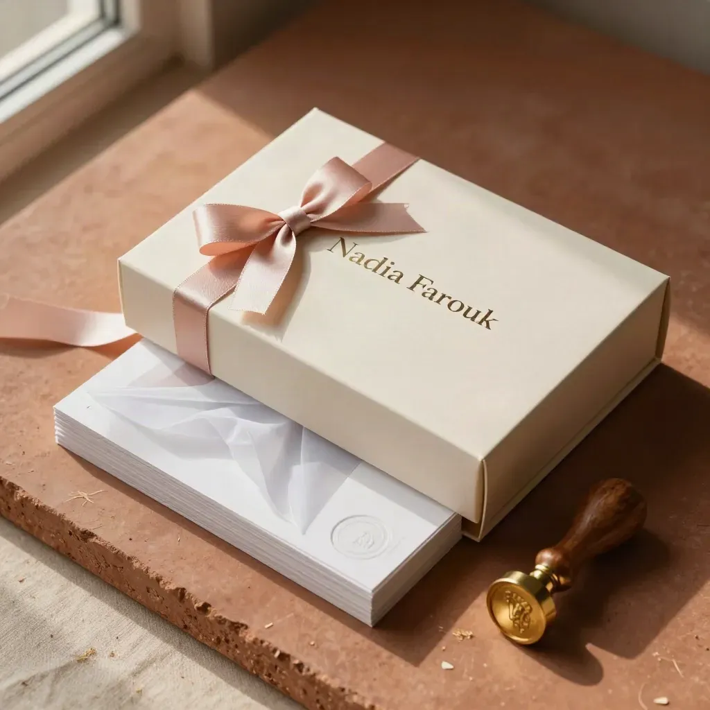 Overhead still life of media-kit materials in an embossed box with ribbon, tissue, and seal stamp