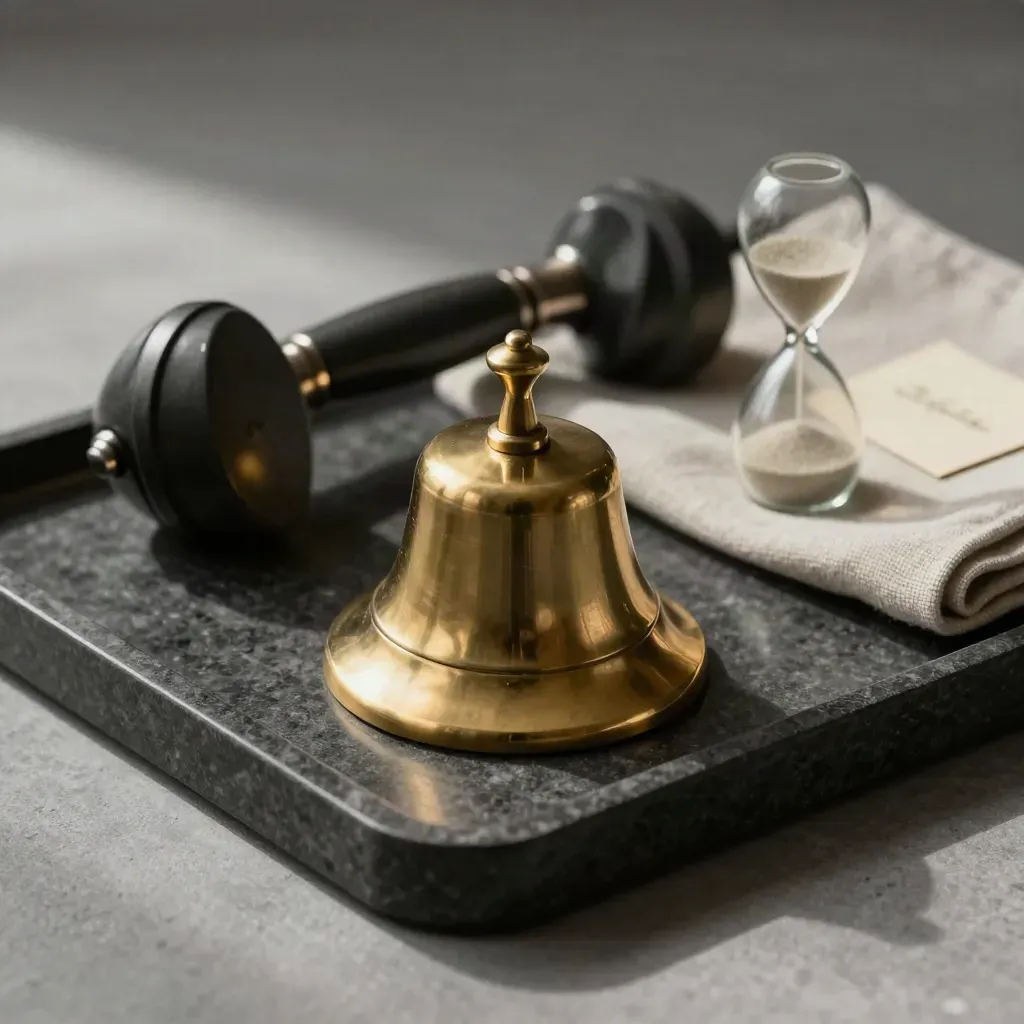 Top-down tray still life with brass bell, handset, hourglass, and linen on stone.