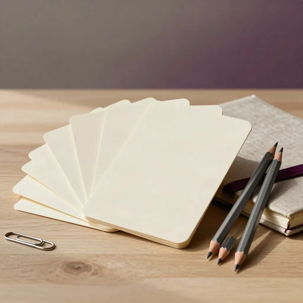 Copy-planning cards, linen notebook, pencils, and clips on pale wood with soft side light
