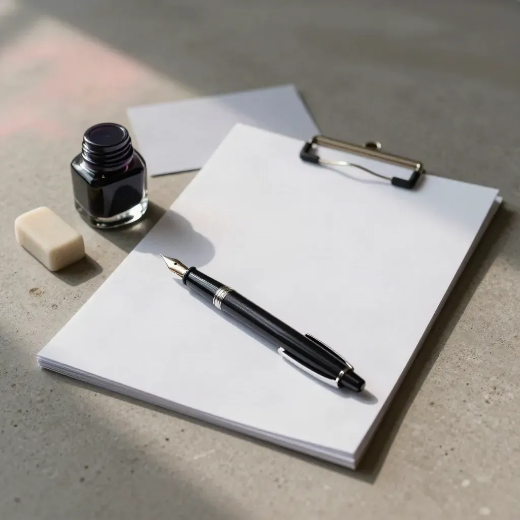 Fountain pen, ink bottle, eraser, and clipped draft sheets on limestone with a faint blush glow.