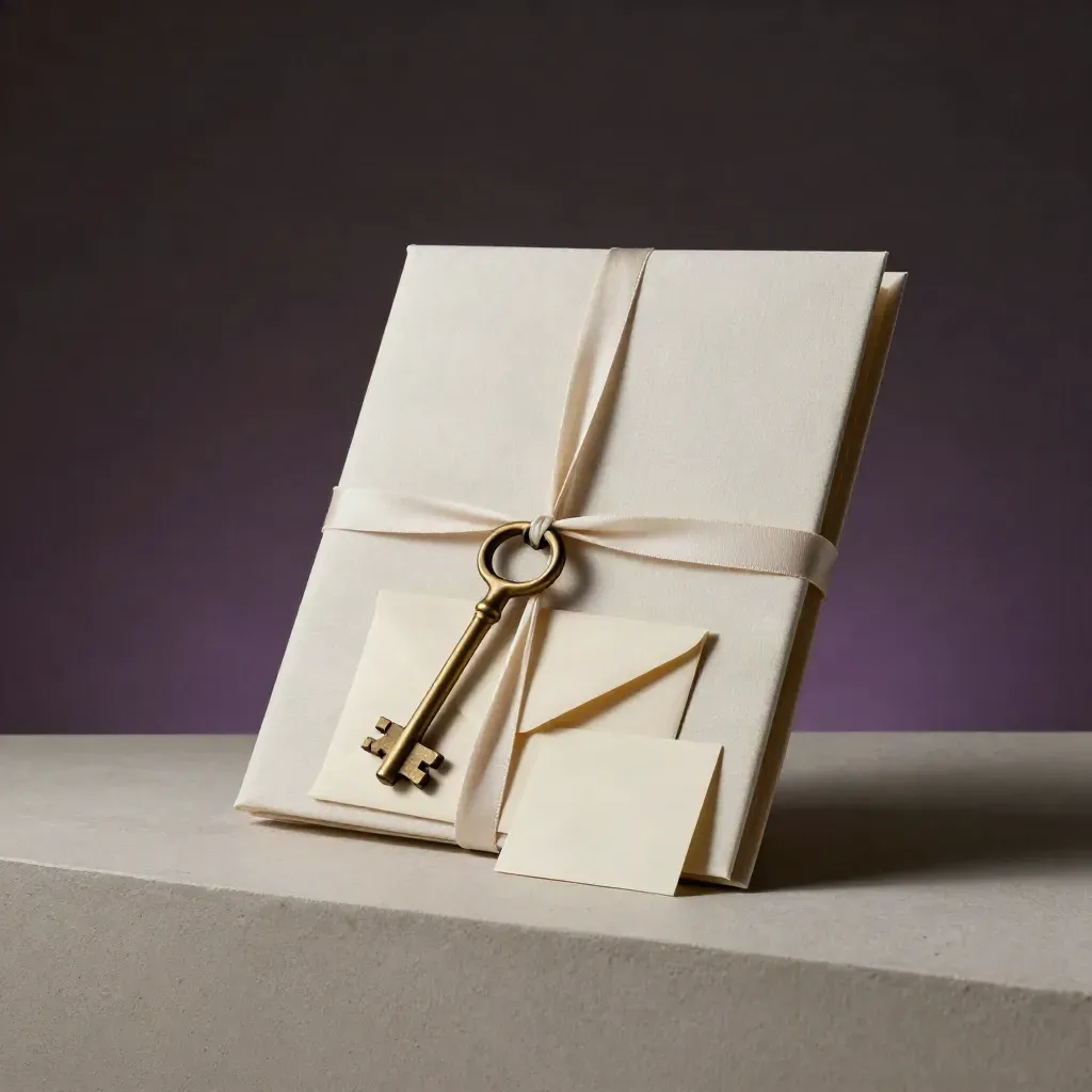 Ivory handoff folder, sealed envelope, wax seal and brass key on a plaster ledge