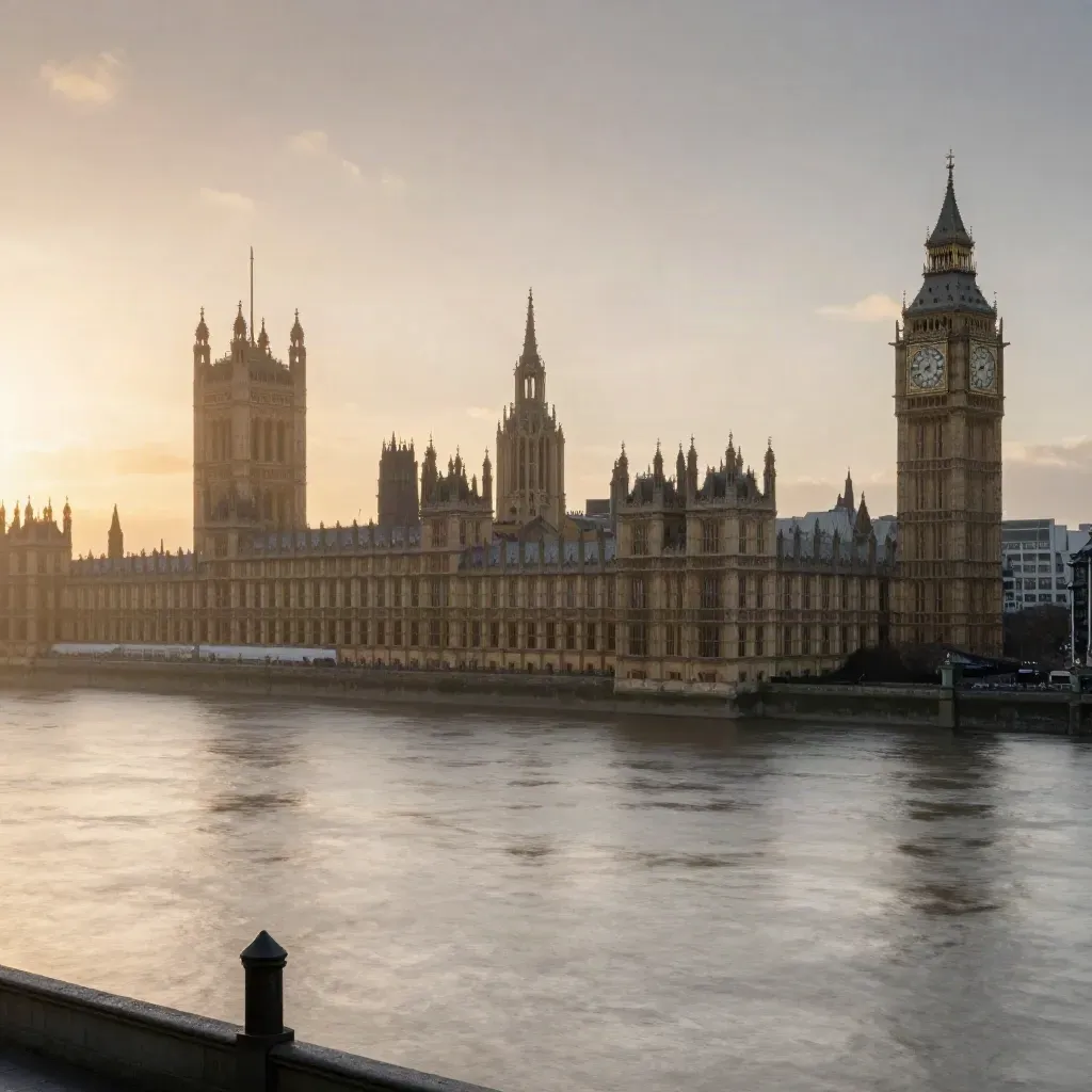 Westminster skyline glows over the Thames in golden haze, with calm water below.