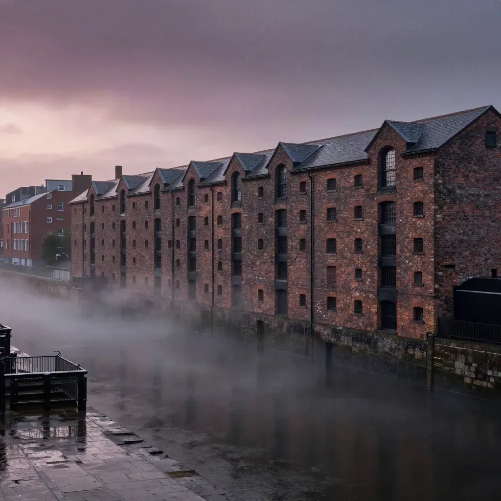 Rain-dark brick warehouses and canal towers above misty water at dusk.
