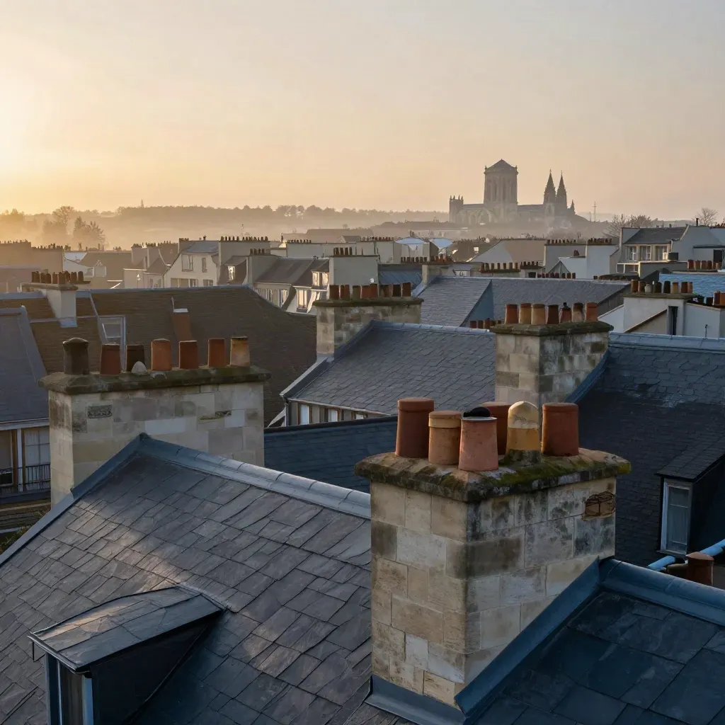 Hazy dawn over slate rooftops and a distant dome, with open mist for copy.