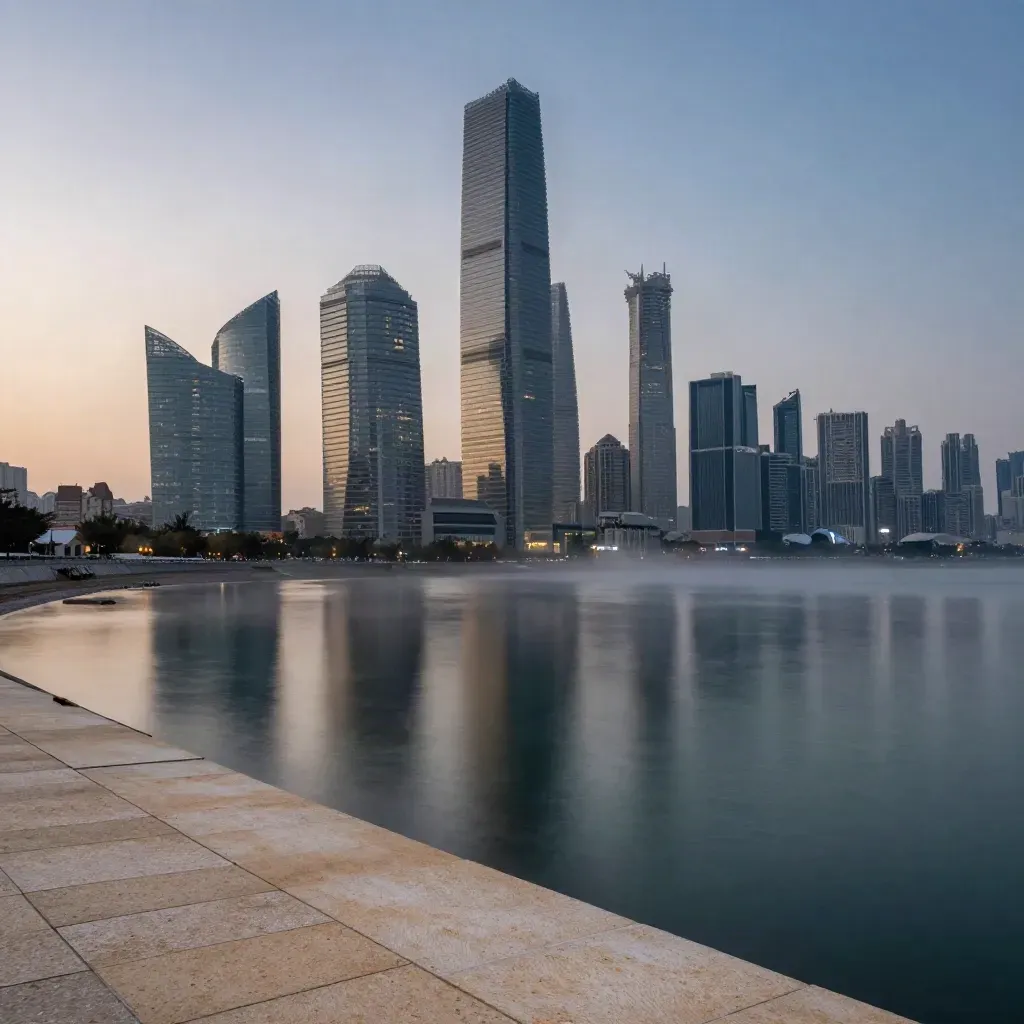 Blue-hour coastal skyline with lit glass towers reflected in still water