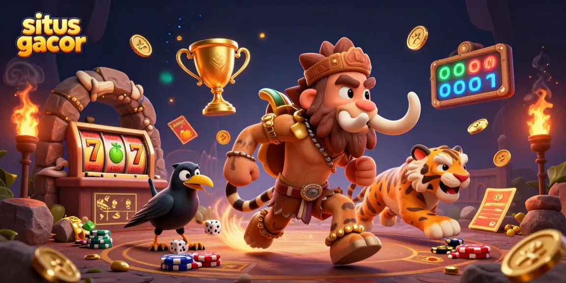 Situs gacor showcases a lively gambling scene featuring a playful caveman and sabertooth tiger at a casino.