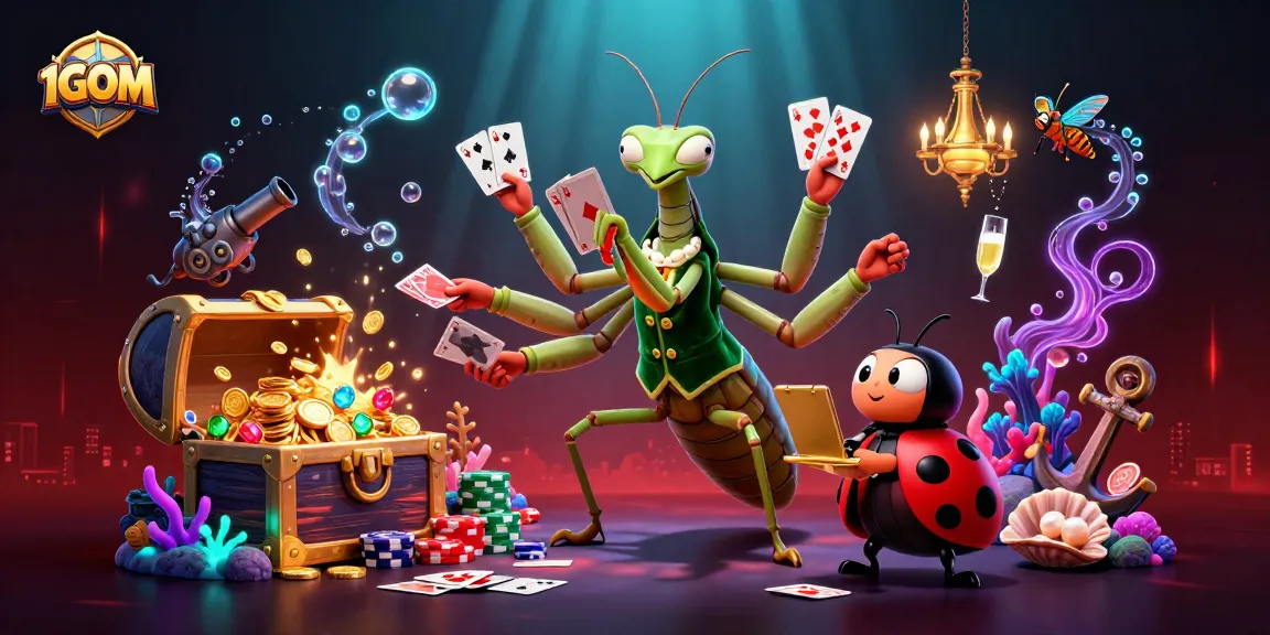 Engage with 1GOM's vibrant gambling scene featuring a lively mantis dealer and ladybug pit boss.