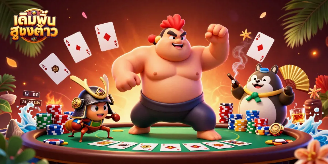 Engage in เดิมพันสูงต่ำ betting with an exciting scene featuring a powerful sumo wrestler rooster and samurai cricket.