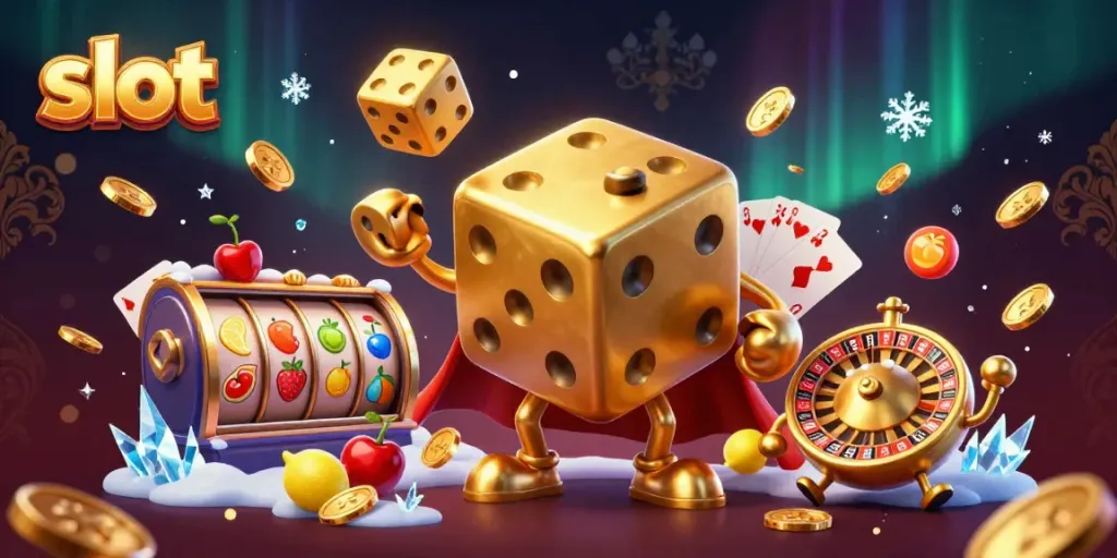 Experience exciting slots action with this vibrant 3D illustration featuring a golden dice golem and dynamic slot reels.