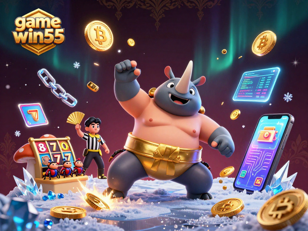 Experience the thrill of game win55 with exciting elements, featuring a sumo beetle champion and dazzling coins.