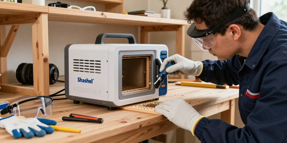 Shashel technician using microwave device for woodworm elimination in a bright workshop.