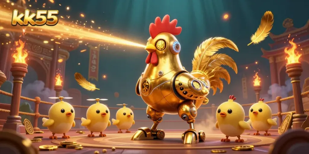 Engage with the exhilarating world of kk55 casino featuring a golden rooster robot and baby chick drones in a dynamic setting filled with betting tokens.