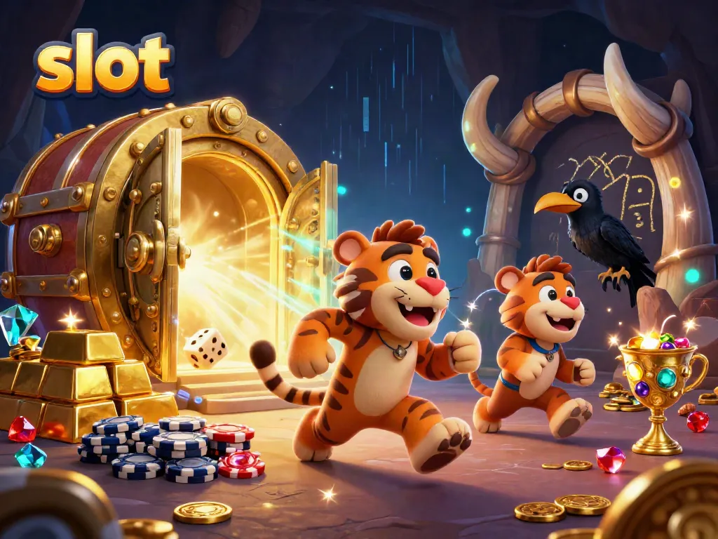 Engage in thrilling slot gaming with colorful characters and treasures in a prehistoric casino.