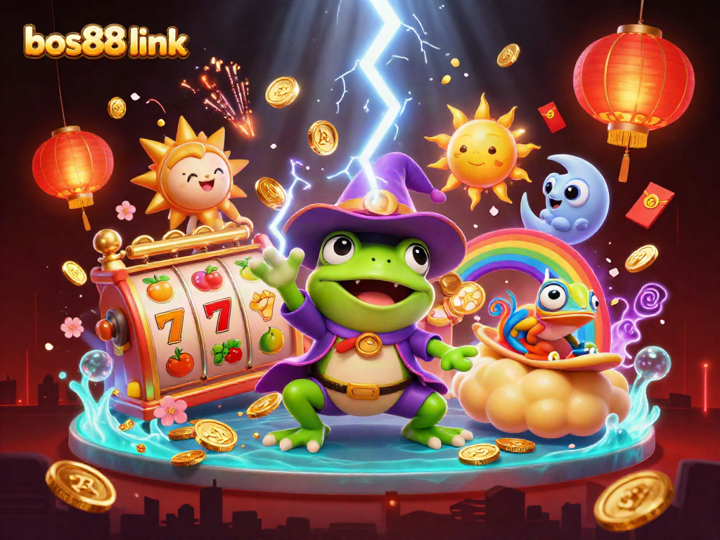 Mainkan slot dengan bos88 link sambil dikelilingi koin emas dan simbol keberuntungan dalam ilustrasi fantastis.