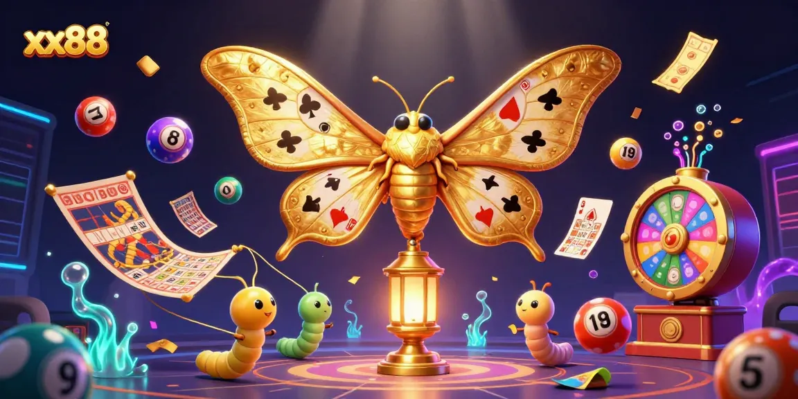 Experience thrilling gaming at xx88 with vibrant lottery elements and a majestic moth representation.