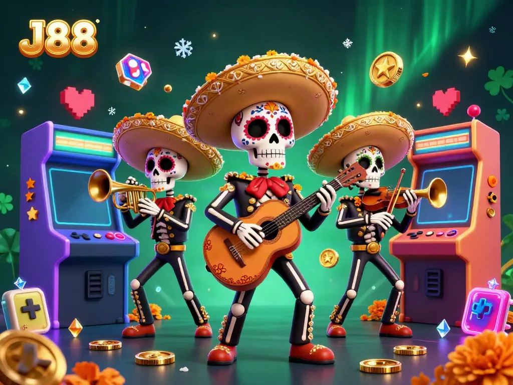 Celebrate with J88 in a vibrant, festive 3D illustration showcasing a mariachi band amidst casino gaming elements.