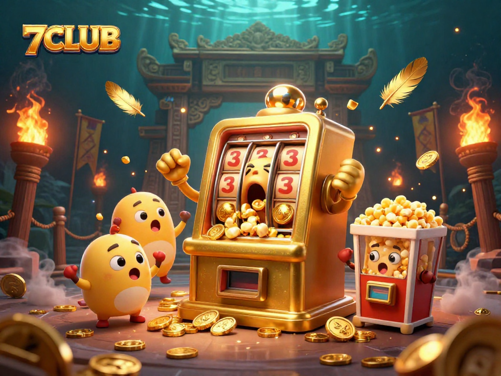 Experience the excitement of 7CLUB as the golden slot machine hits a jackpot, surrounded by cheering friends!