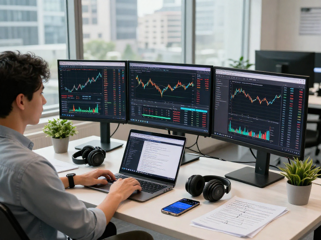 Developer analyzing STI index quote API on multiple monitors in a modern financial workspace.