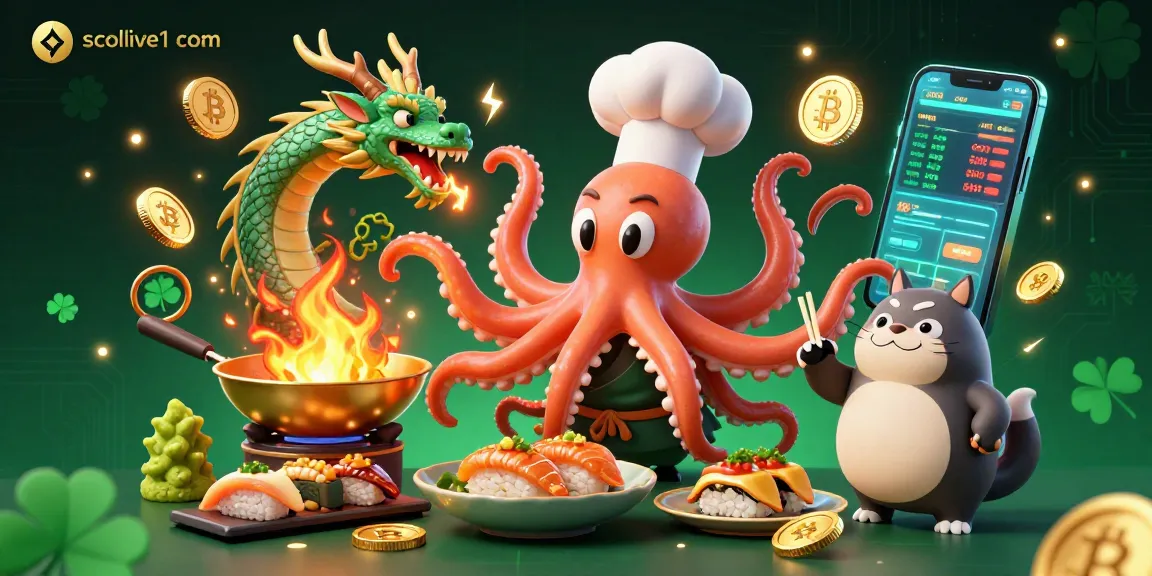 A thrilling scene showcasing socolive1 com with a sushi chef octopus cooking amidst glowing crypto coins, igniting excitement in live gambling.