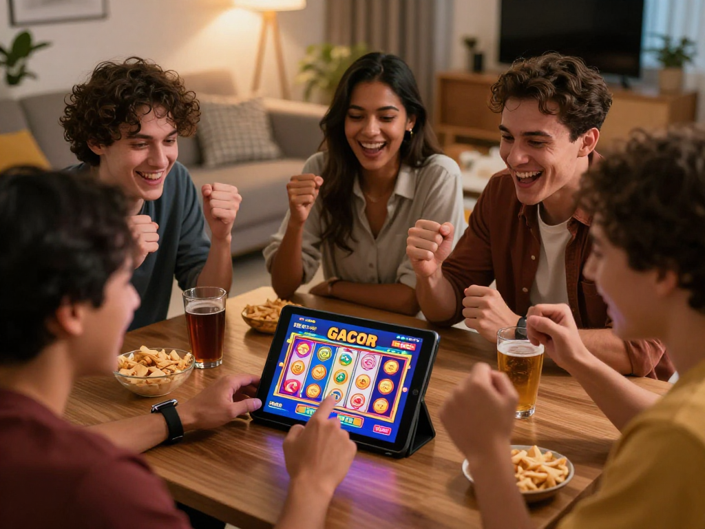 Exciting moment of friends playing slot gacor games on a tablet in a lively setting.