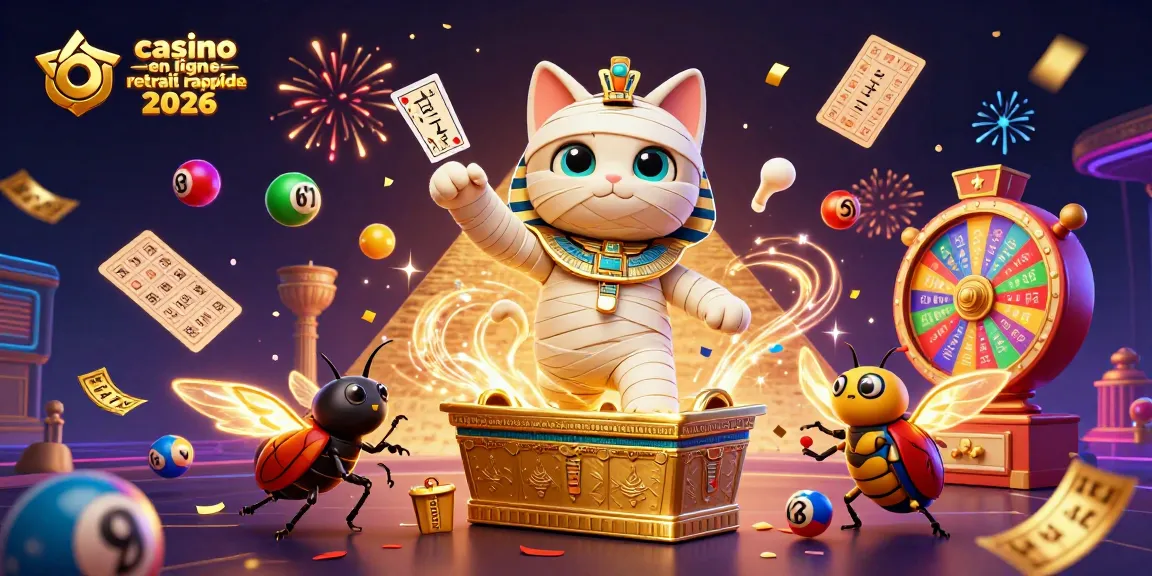 Casino en ligne retrait rapide 2026, exploration dynamique d'un chat momie égyptien et un scarabée dans un casino.