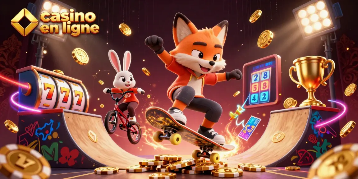 Jouez au casino en ligne avec une illustration dynamique de jeux et de personnages animés.