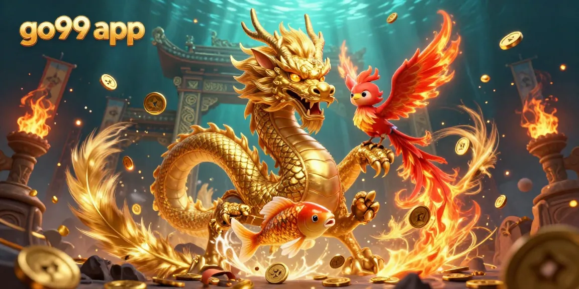 Engage with the go99 app for an exhilarating experience featuring a golden dragon, phoenix, and koi in a casino scene.