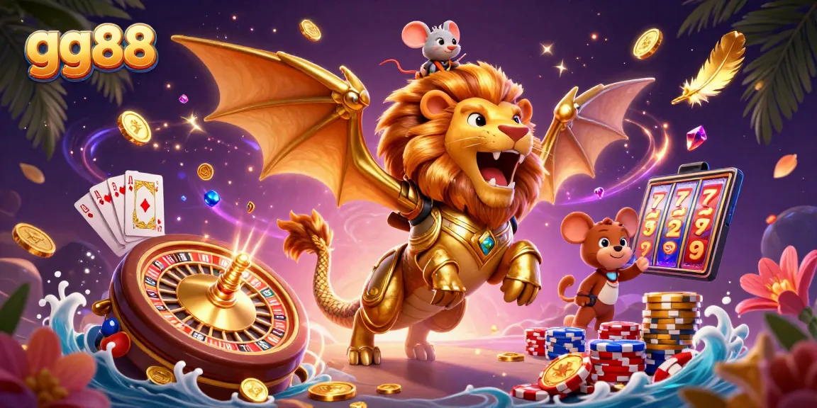 Spin to win at GG88, featuring an exhilarating 3D casino scene with vibrant gold coins, roulette, and slot reels.