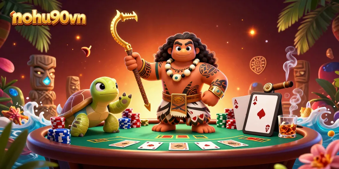 Engage in thrilling poker action with nohu90vn's vibrant 3D gaming illustration.