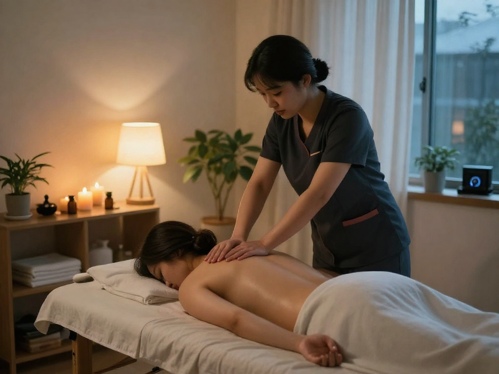송파출장마사지 experience with professional therapist providing soothing massage in a tranquil home setting.