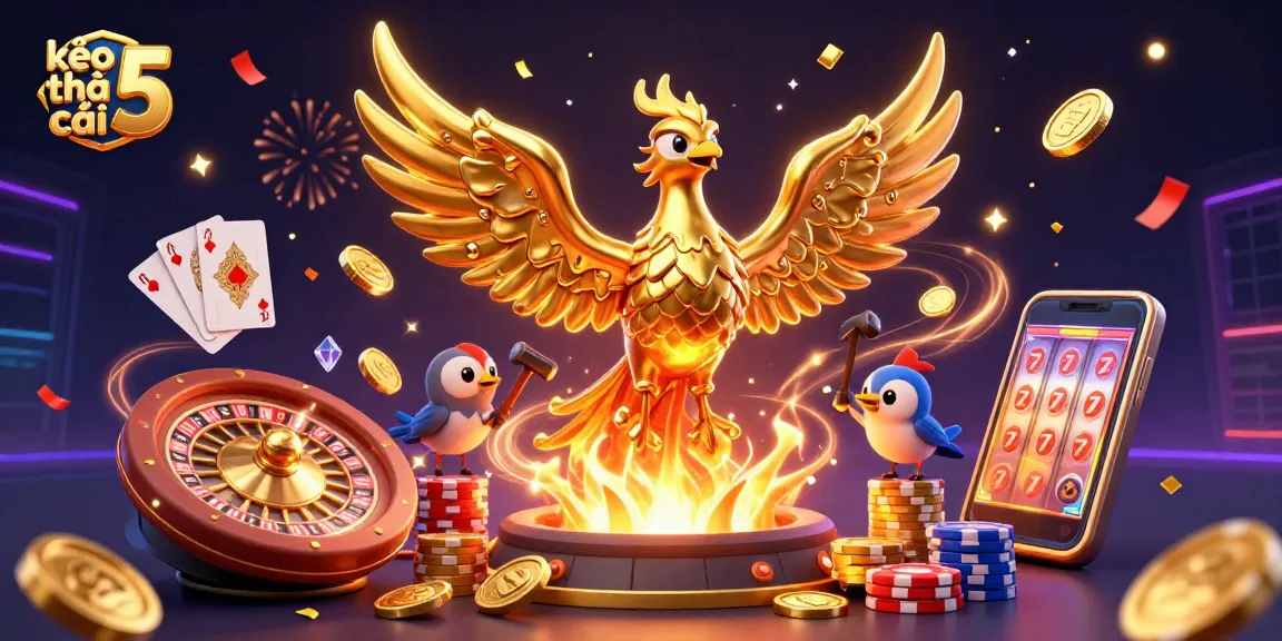 Engaging scene showcasing kèo nhà cái 5 with a golden phoenix and vibrant casino elements in a celebration setting.