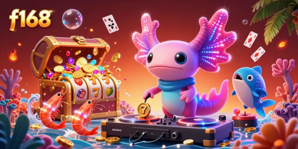 Spin the reels of f168 with a colorful axolotl DJ spinning golden symbols and vibrant underwater treasures.