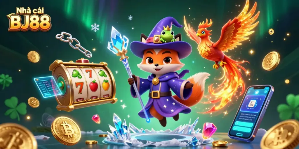 Engage with exciting casino thrills at Nhà cái BJ88 with 3D cartoon wizard fox, phoenix, and gambling elements.