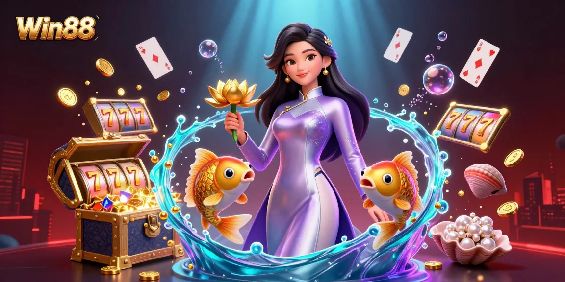 Win88 players engage in exciting online casino action surrounded by slot reels, golden elements, and vibrant fish.