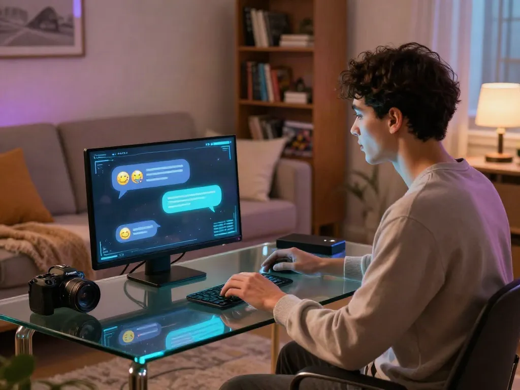 Engaging AI sex chat scene featuring a user and a holographic companion in a cozy, vibrant space.