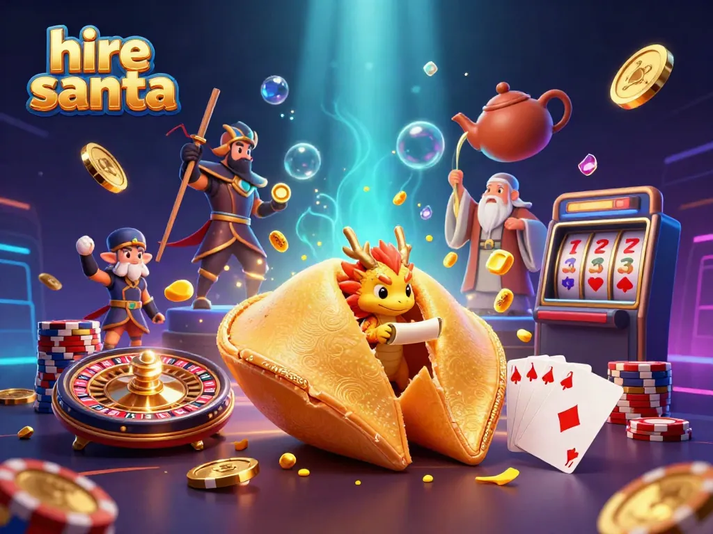 Experience the excitement of hiring Santa through a vibrant casino-themed illustration with festive elements.