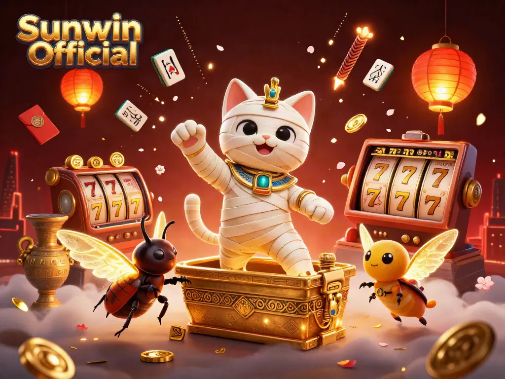 Experience the thrilling world of Sunwin Official with a vibrant mummy cat and a scarab in a dynamic casino scene.