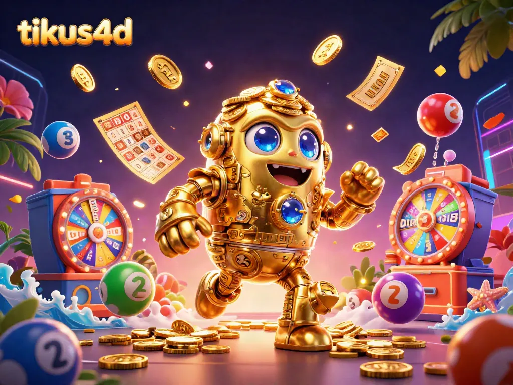Memperlihatkan tikus4d, karakter 3D emas mengelilingi bola lotere dan tiket emas dalam lingkungan kasino digital.