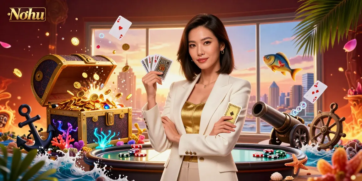 Nohu showcases a powerful businesswoman holding cards with vibrant casino elements, exuding winning energy.
