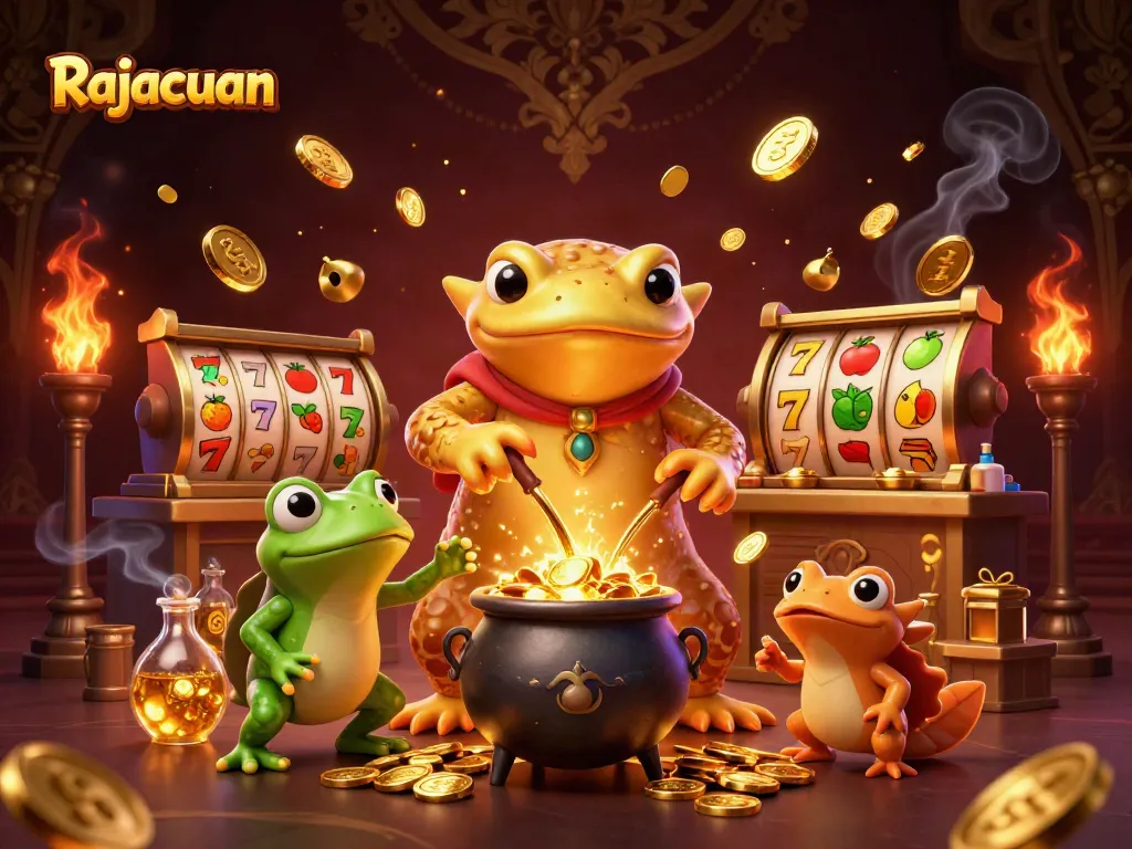 Rajacuan slots excitement with golden alchemist and bubbling gold cauldron illustration